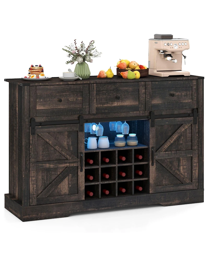 Slickblue 52 Inch Home Bar Cabinet with Led Lights, Sliding Barn Doors and Wine Storage