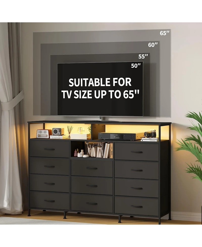 homfan 11 Drawer Dresser, 55 Inch Fabric Storage Chest with Led Light and Charging Station for Bedroom or Dorm