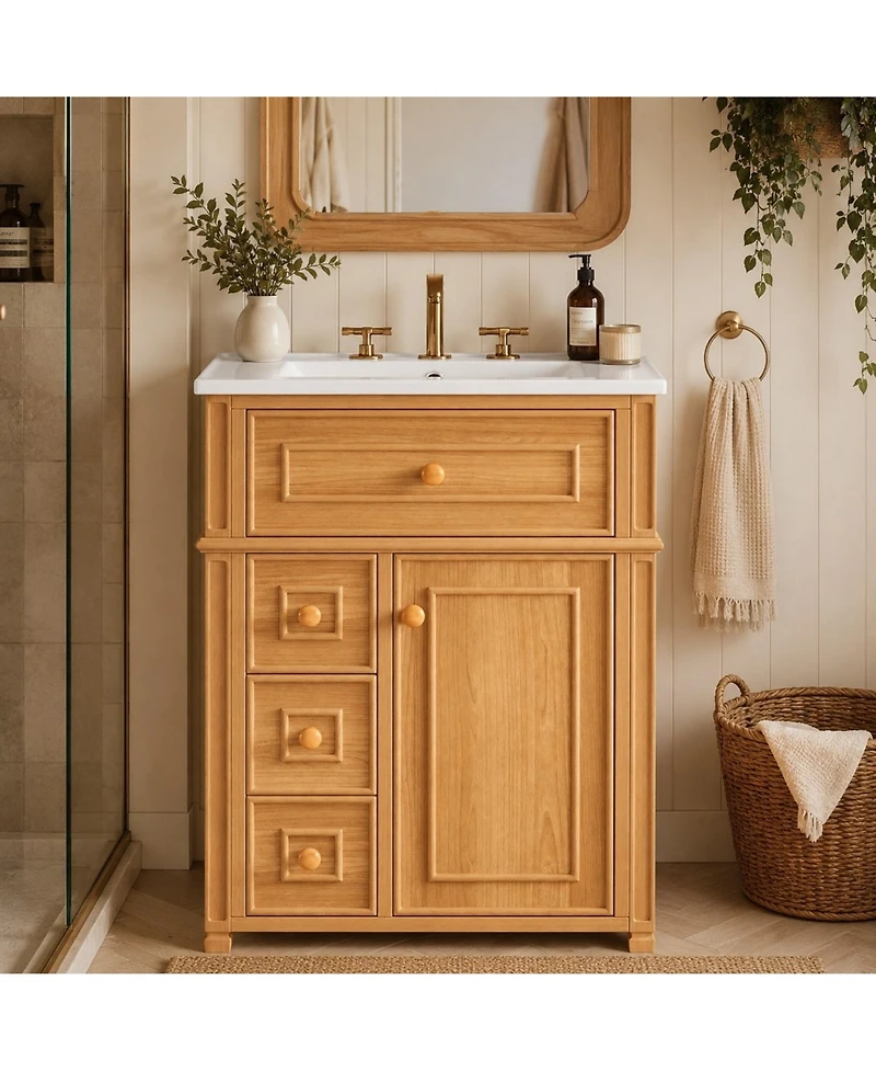 Phying 24 Inch Bathroom Vanity with Sink Solid Wood Vanity Cabinet with Flip Out Drawer 2 Soft Close Drawers Freestanding Bathroom Storage Cabinet