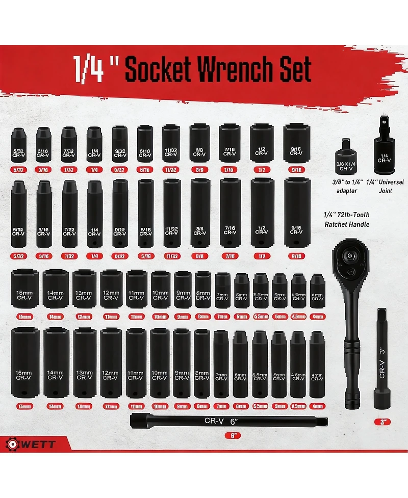 Xdovet 1/4inch Drive Impact Socket Set 55-Piece Sae Metric Deep Shallow Cr-v Steel 6 Point Ratchet Handle Extension Bar Adapter Universal Joint