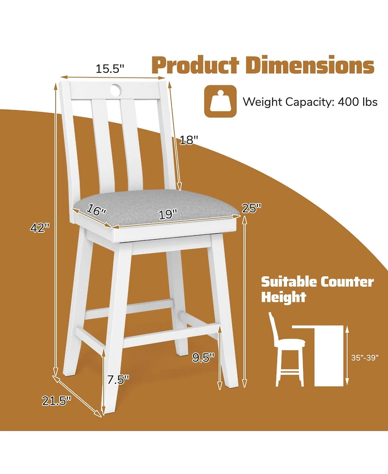 Gymax Set of 2 25'' Swivel Counter Height Chairs with Upholstered Seat Rubber Wood Frame