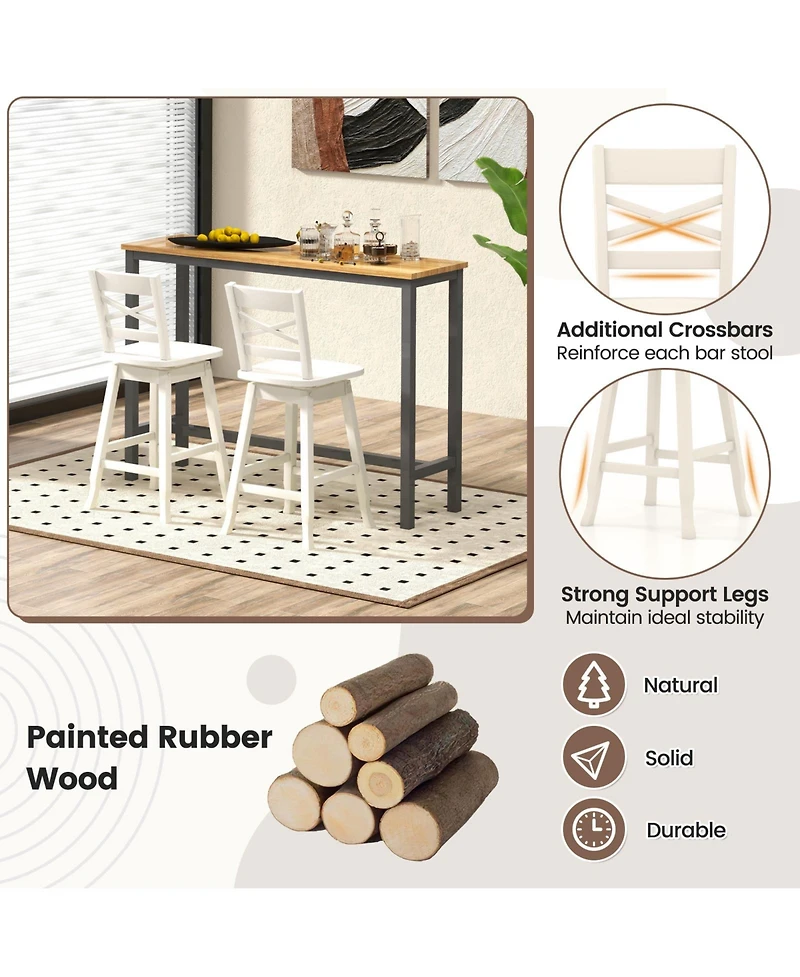 Gymax 4 Pieces 24 Inch Rubber Wood Counter Height Stool Swivel Bar Stool Inclined Backrest