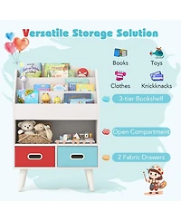 Gymax Kids Bookshelf with 3-Tier Bookshelves Open Compartment and 2 Foldable Fabric Drawers