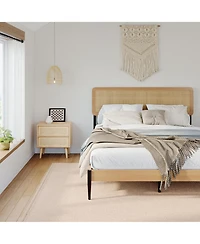 homfan Rattan Bed Frame, Wooden Platform with Headboard and Under Storage for Bedroom