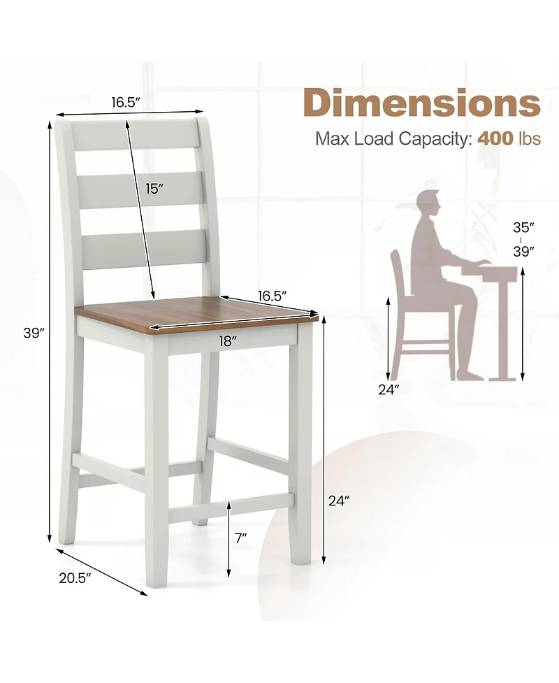 Gymax Set of Counter Height Chairs with Inclined Backrest Rubber Wood Crossbars