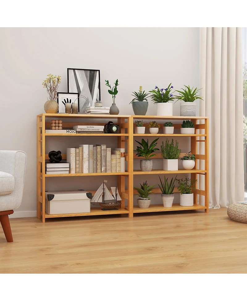 Gymax 4 Tier Bookshelf Floor Storage Shelf with Rubber Wood Frame Anti Toppling Kits
