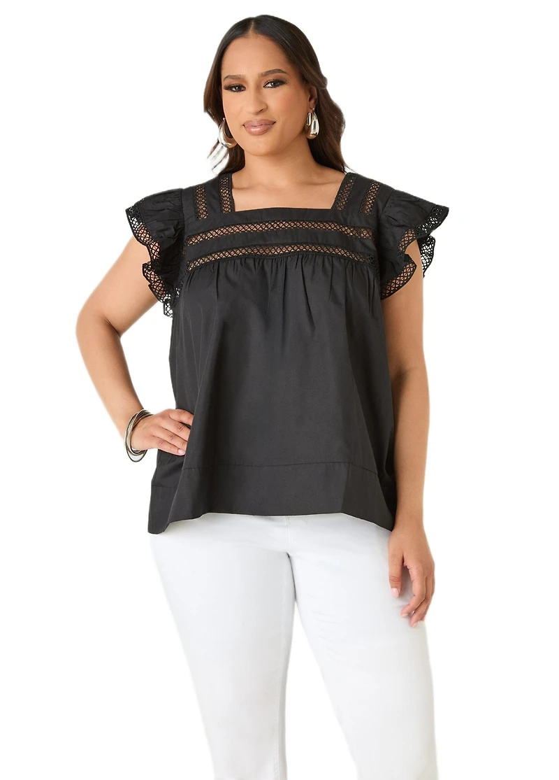 Ashley Stewart Plus Lattice Trimmed Poplin Shirt