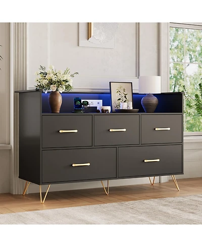 homfan 5 Drawer Dresser with Led Light and Charging Station, Wide Storage Chest for Bedroom, Entryway, Hallway, Living Room