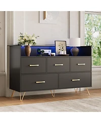 homfan 5 Drawer Dresser with Led Light and Charging Station, Wide Storage Chest for Bedroom, Entryway, Hallway, Living Room