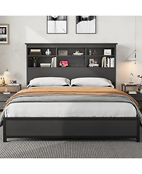 homfan Bed Frame with Bookcase Headboard, 2-Tier Storage Platform Bed with Charging Station, No Box Spring Needed
