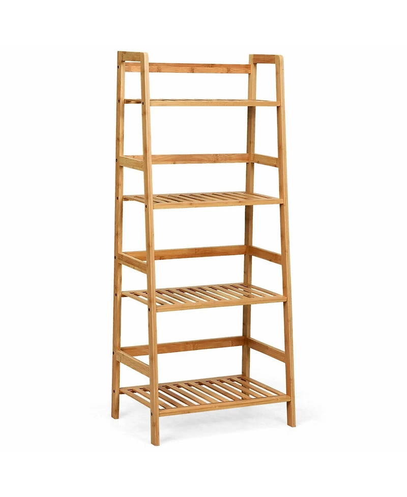Gymax 4-Tier Bamboo Ladder Shelf Multipurpose Plant Display Stand Storage Bookshelf