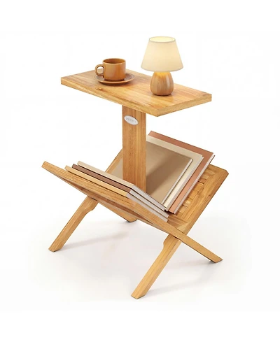 Gymax 2-Tier Bookshelf Small Bookcase with Teak Wood Frame and Anti-Slip Foot Mats