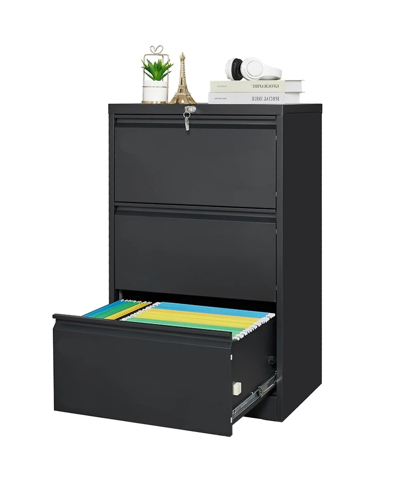 homfan Lateral File Cabinet with Lock 3-Drawer Steel Filing Cabinet for Home Office - Legal/Letter/A4/F4 Files
