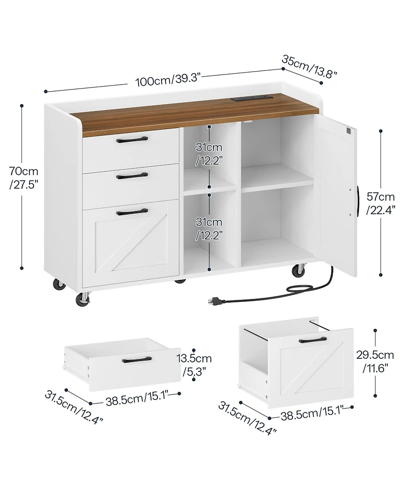 Slickblue Wooden Filing Cabinet with Charging Station and Side Pull Drawer Design