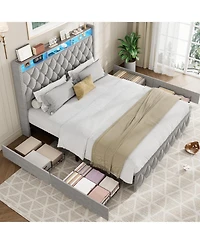 homfan Upholstered Platform Bed Frame, Tall Soft Headboard, 4 Storage Drawers, Usb Charging, Led Lights, Noise-Free, No Box Spring Needed