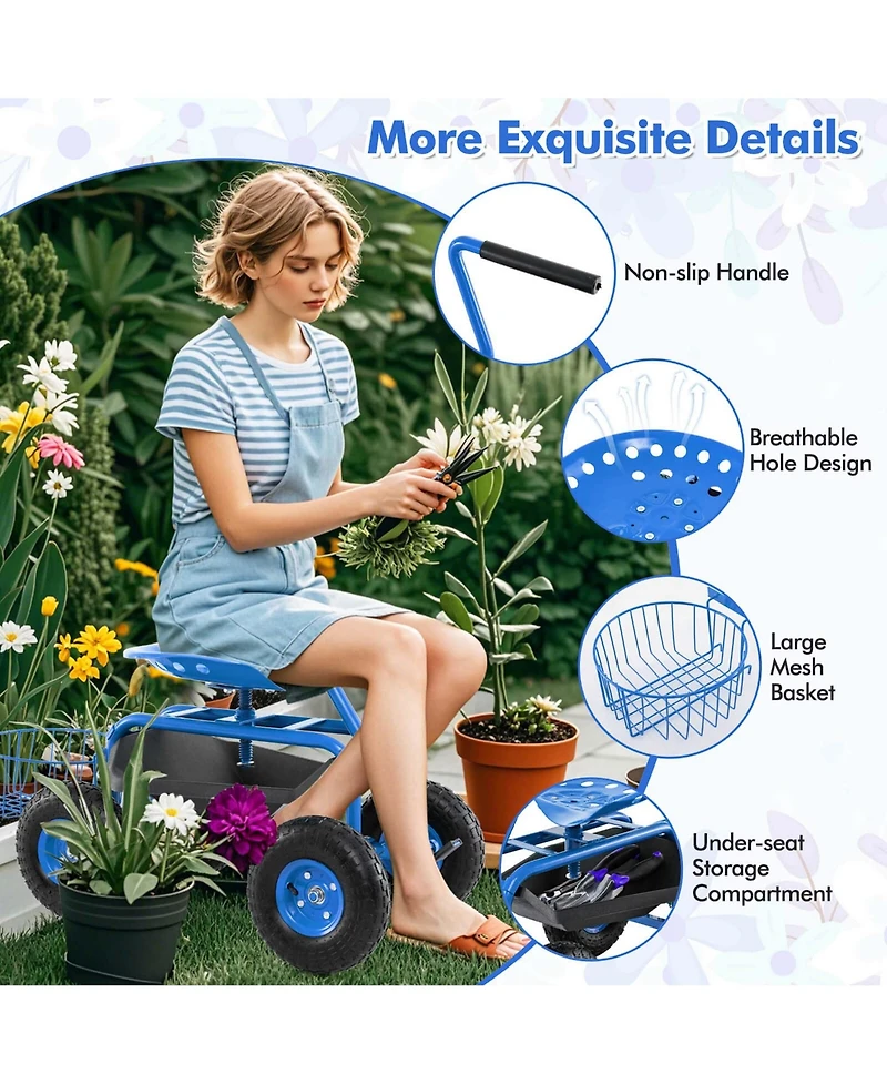 Garden Cart Rolling Work Seat for Planting w/E xtendable Handle