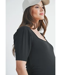 Hello Miz Women's Ribbed Puff Sleeve Square Neck Top