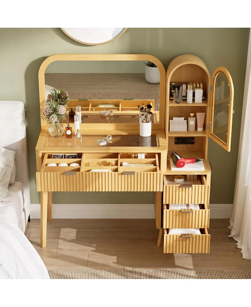 Streamdale Furniture 48'' Fluted Makeup Vanity Desk with Mirror 4 Drawers and Charging Station