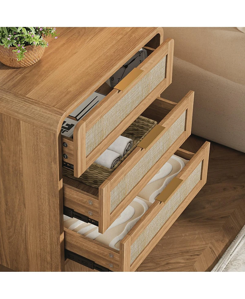 Streamdale Furniture 3-Drawer Rattan Nightstand 22.8'' Wide Curved Bedside Table Caramel