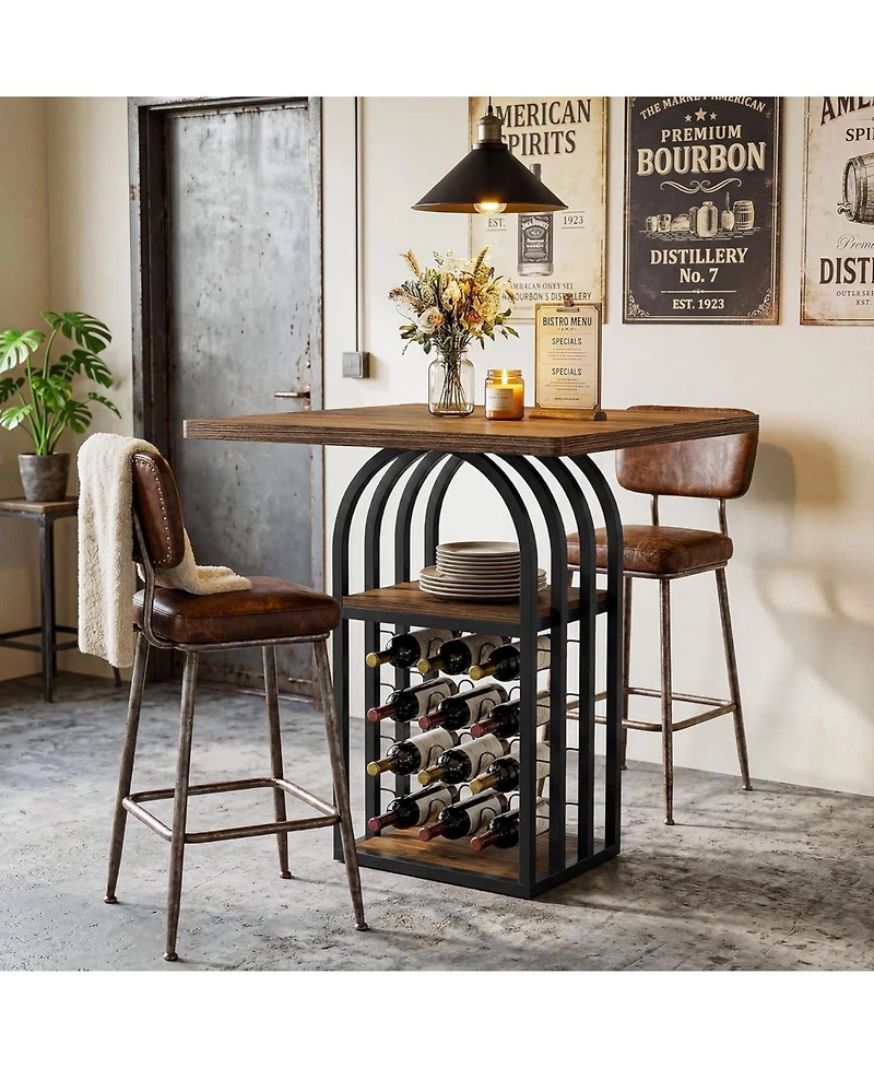 Tribesigns Square Bar Table, 35" Height Bistro Pub Table with 4-Tier Wine Rack Storage and Shelves, Cocktail Home Bar Unit