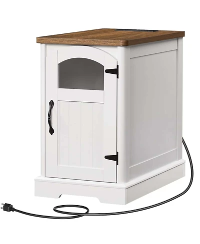 Slickblue Modern Side Table with Charging Station, Glass Door and Adjustable Shelf