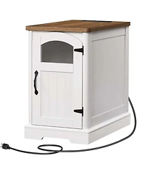 Slickblue Modern Side Table with Charging Station, Glass Door and Adjustable Shelf