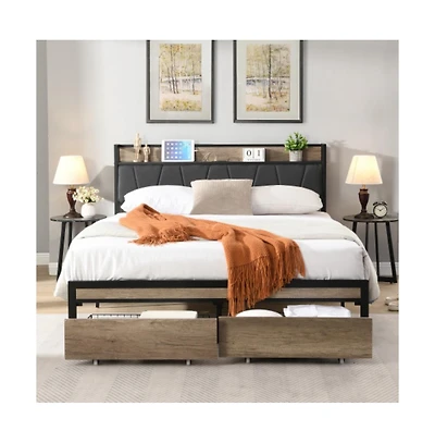 Lucky One Queen Size Platform Bed Frame with Wooden Headboard and Footboard, Heavy Duty Steel