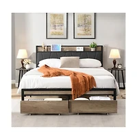 Lucky One Queen Size Platform Bed Frame with Wooden Headboard and Footboard, Heavy Duty Steel