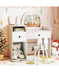 Slickblue Kids Vanity Desk and Chair Set with Lights and Open Storage Shelves