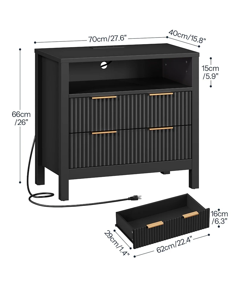 Slickblue Wooden Bedside Table with Charging Station, Led Lights and Shelf