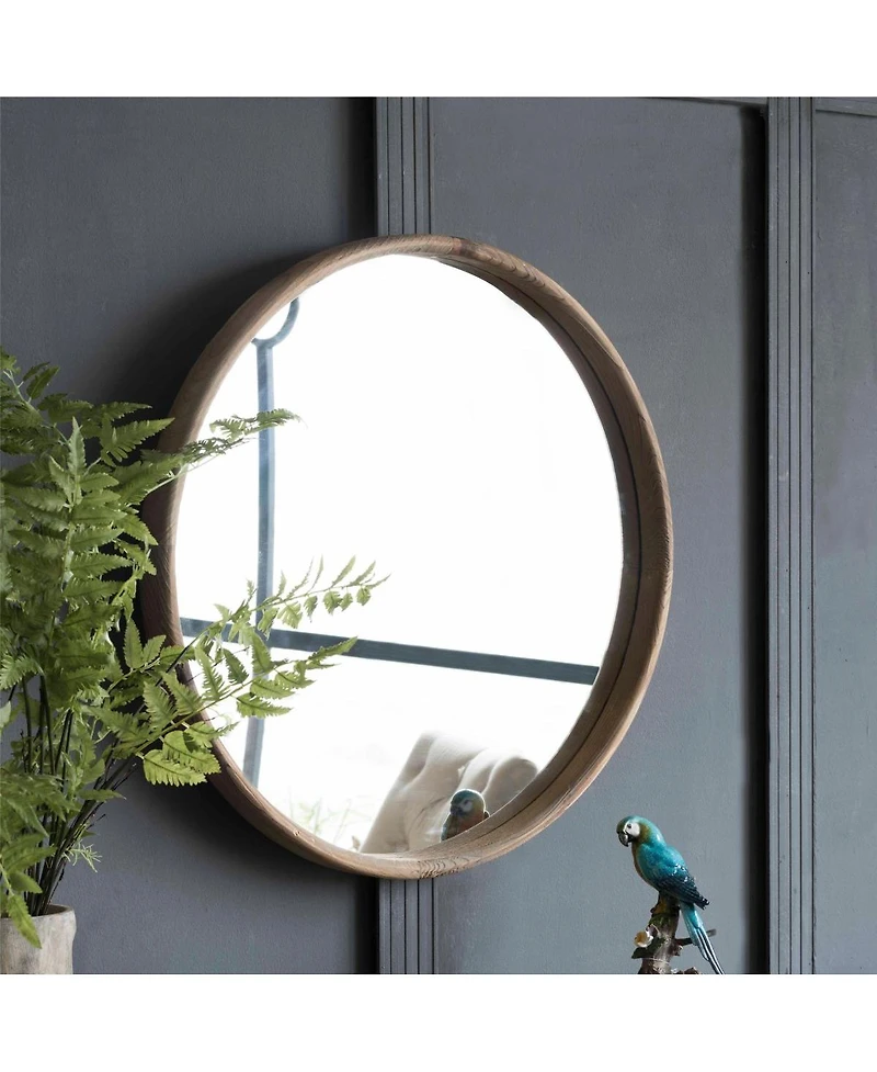 Laoties 28" Rustic Round Wood Wall Mirror, Farmhouse Fir Wood Circle Mirror for Living Room