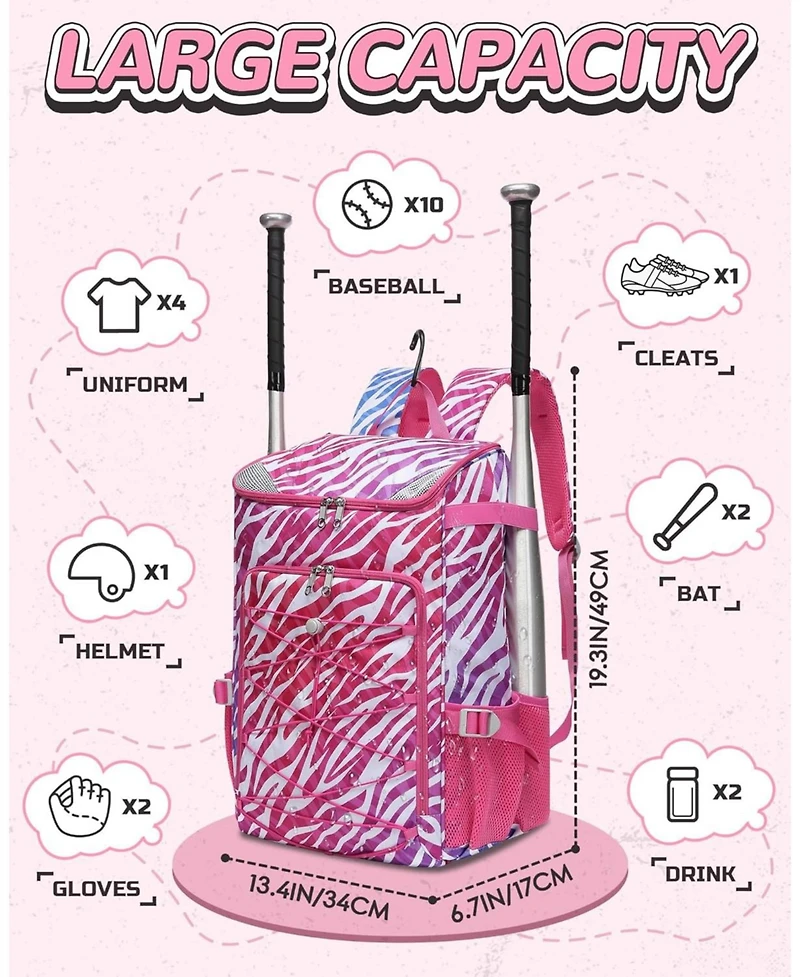 Furlihong Zebra Print Baseball and Softball Gear Backpack for Ages 8-14 – Youth Bat Bag with Ventilated Shoe Compartment for Players' Stuff