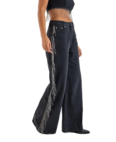 Nasty Gal Women's Denim Diamonte Tassel Straight Leg Jeans