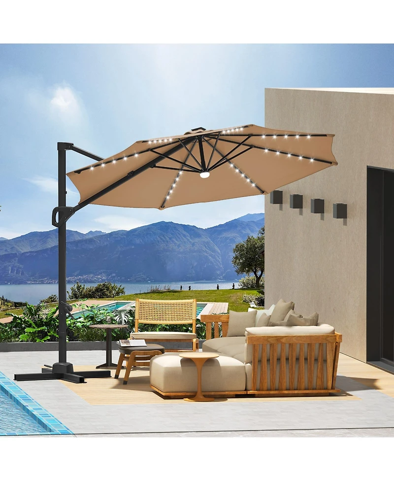 homfan 10Feet Solar Led Cantilever Patio Umbrella, 360degree(s) Rotation, Adjustable Tilt, Cross Base and Uv Fabric, for Patio, Pool And Garden