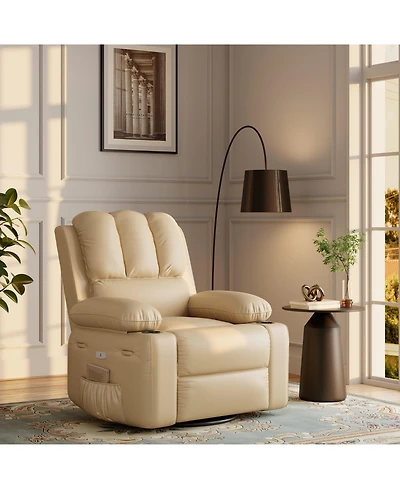 homfan Pu Leather Swivel Rocker Electric Recliner, Oversized Single Sofa with Massage and Heat, Usb Ports, Cup Holders Side Pocket for Bedroom