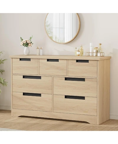 gaomon 7-Drawer Modern Oak Dresser Bedroom Storage Cabinet with Embedded Handles, Chest for Living Room, Nursery, Natural Oak