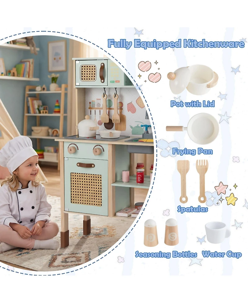 Gymax Kids Play Kitchen Wooden Pretend Kitchen Playset with Rattan Doors Wood Legs