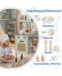 Gymax Kids Play Kitchen Wooden Pretend Kitchen Playset with Rattan Doors Wood Legs