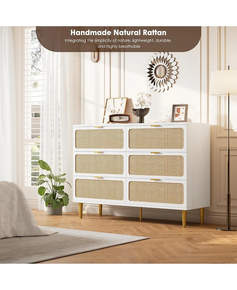 gaomon Modern Rattan 6-Drawer Dresser, Deep Storage & Wide Top for Bedroom