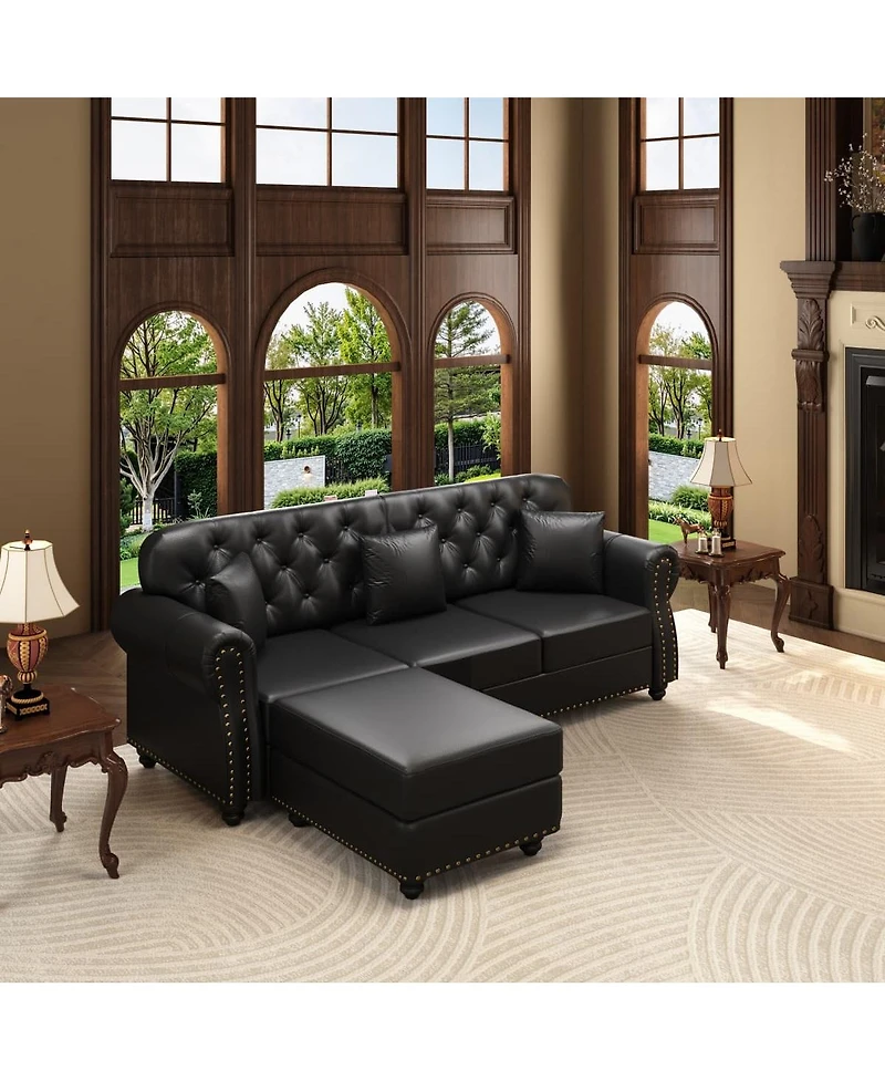 Maison Boucle 82.6'' Faux Leather Sofa with Ottoman, Nailhead Tufted, Wood Frame