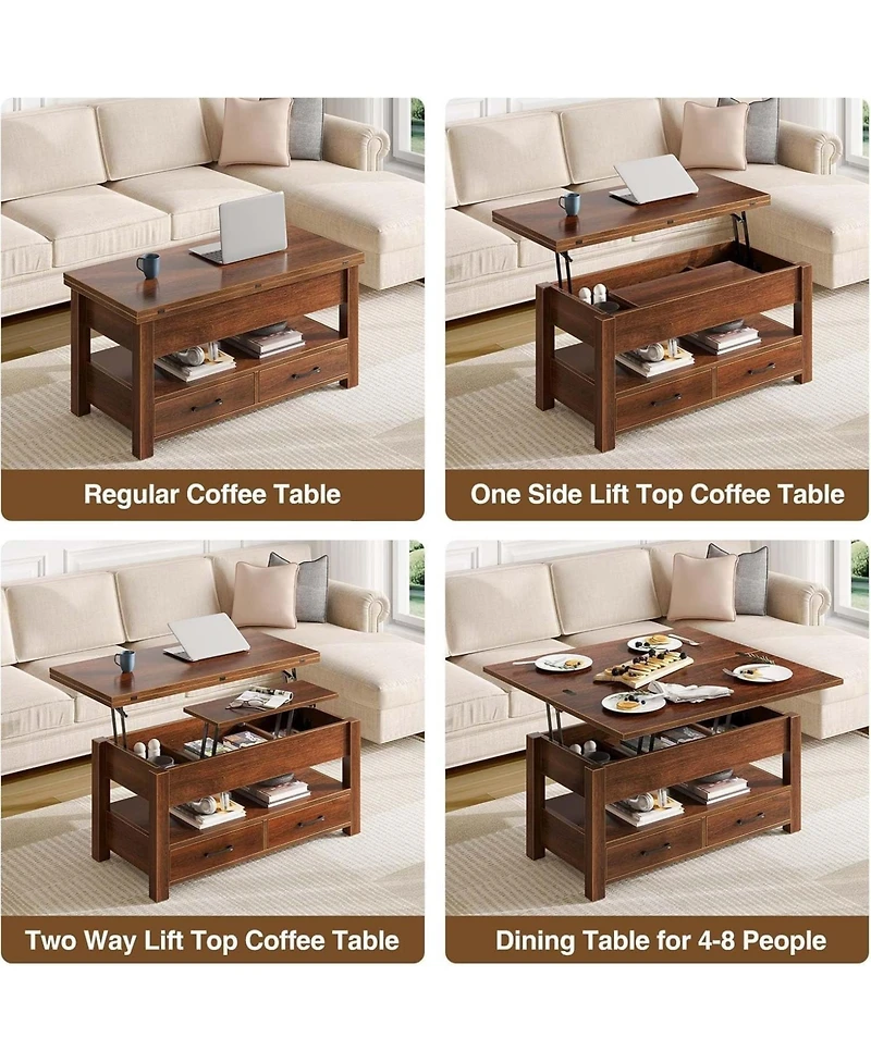homfan 40" Lift-Top Coffee Table with Drawers and Hidden Storage, Convertible Dining Table for Living Room