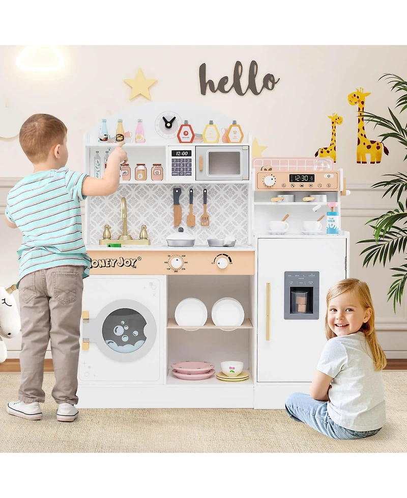 Costway Kids Kitchen Set Wooden Kitchen Playset with Clock, Microwave, Sink, Dish Rack