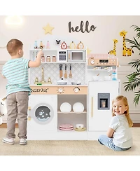 Costway Kids Kitchen Set Wooden Kitchen Playset with Clock, Microwave, Sink, Dish Rack