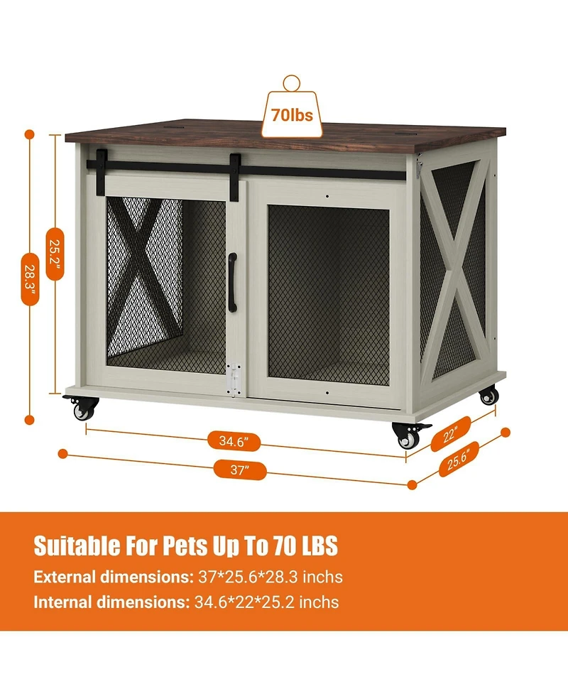 homfan Barn Door Dog Cage with Wheels, Furniture-Style Pet Crate on Casters for Medium Dogs Living Room Home