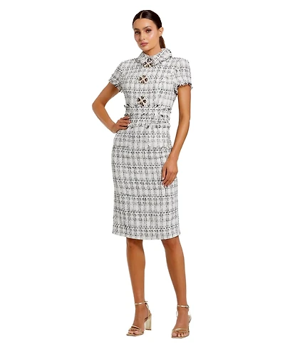 Mac Duggal Women's Fitted Boucle Short Sleeve Button Up Midi Dress