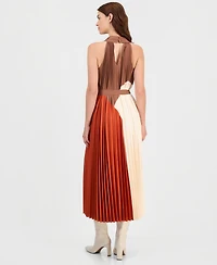 T Tahari Women's V-Neck Pleated A-Line Midi Dress