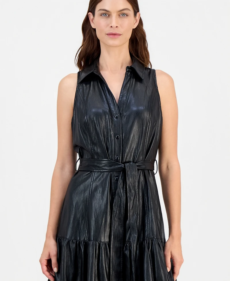 T Tahari Women's Faux-Leather Tie-Waist Tiered Maxi Dress