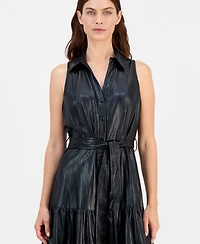 T Tahari Women's Faux-Leather Tie-Waist Tiered Maxi Dress