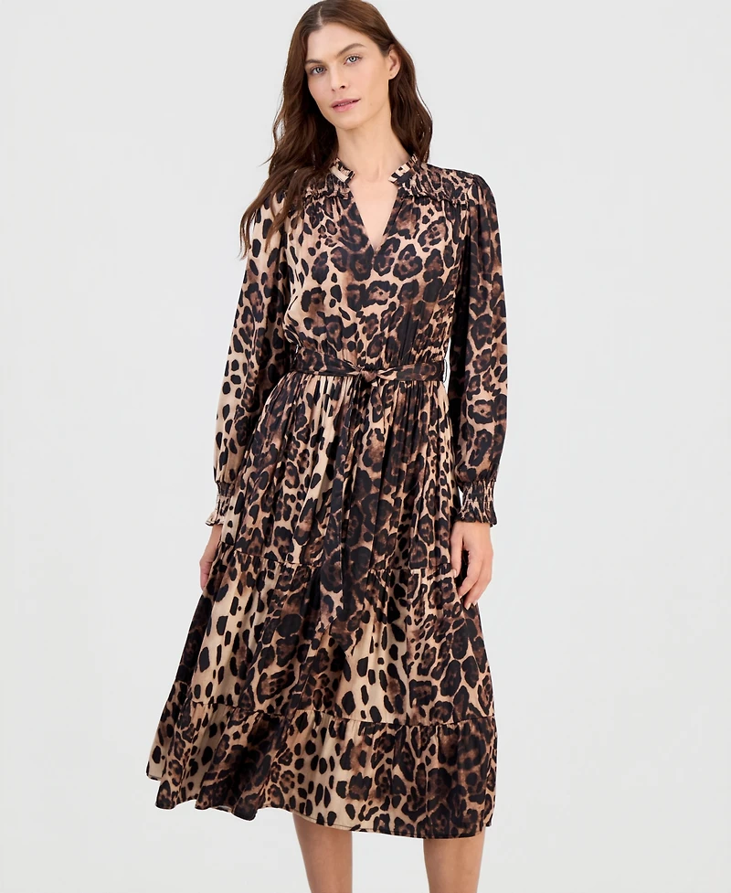 T Tahari Women's Printed Tie-waist Smocked-Cuff Midi Dress