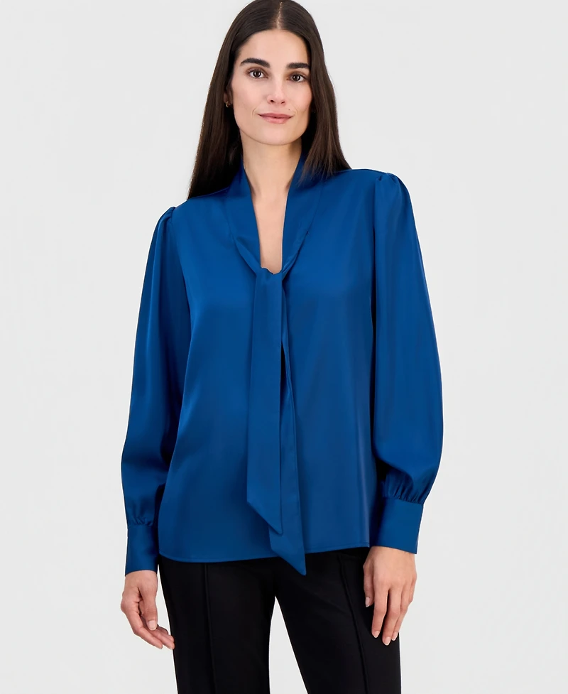 T Tahari Women's Tie-Neck Long-Sleeve Blouse